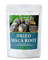 Teeyuki natural black maca root slices in a 4oz pack, ideal for smoothies.