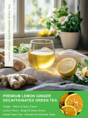 TeeLux Lemon Ginger decaf green tea bag closeup highlights premium, flavor-preserving design