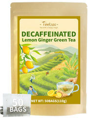 TeeLux Lemon Ginger decaf green tea packaging with eco-friendly bags