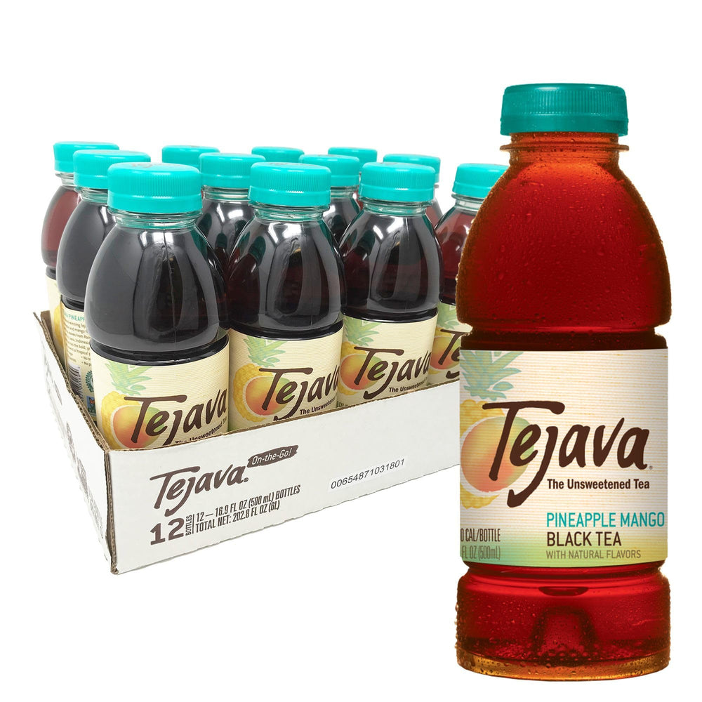 Tejava Pineapple Mango Black Tea bottle front for refreshing unsweetened flavor