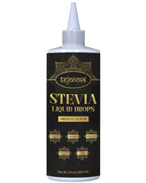 Tejonova Stevia Liquid Drops bottle on counter, zero-calorie sweetener for drinks.