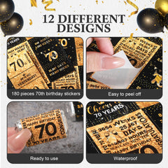 Table centerpiece with Tenare 70th birthday stickers for a festive 70th celebration.