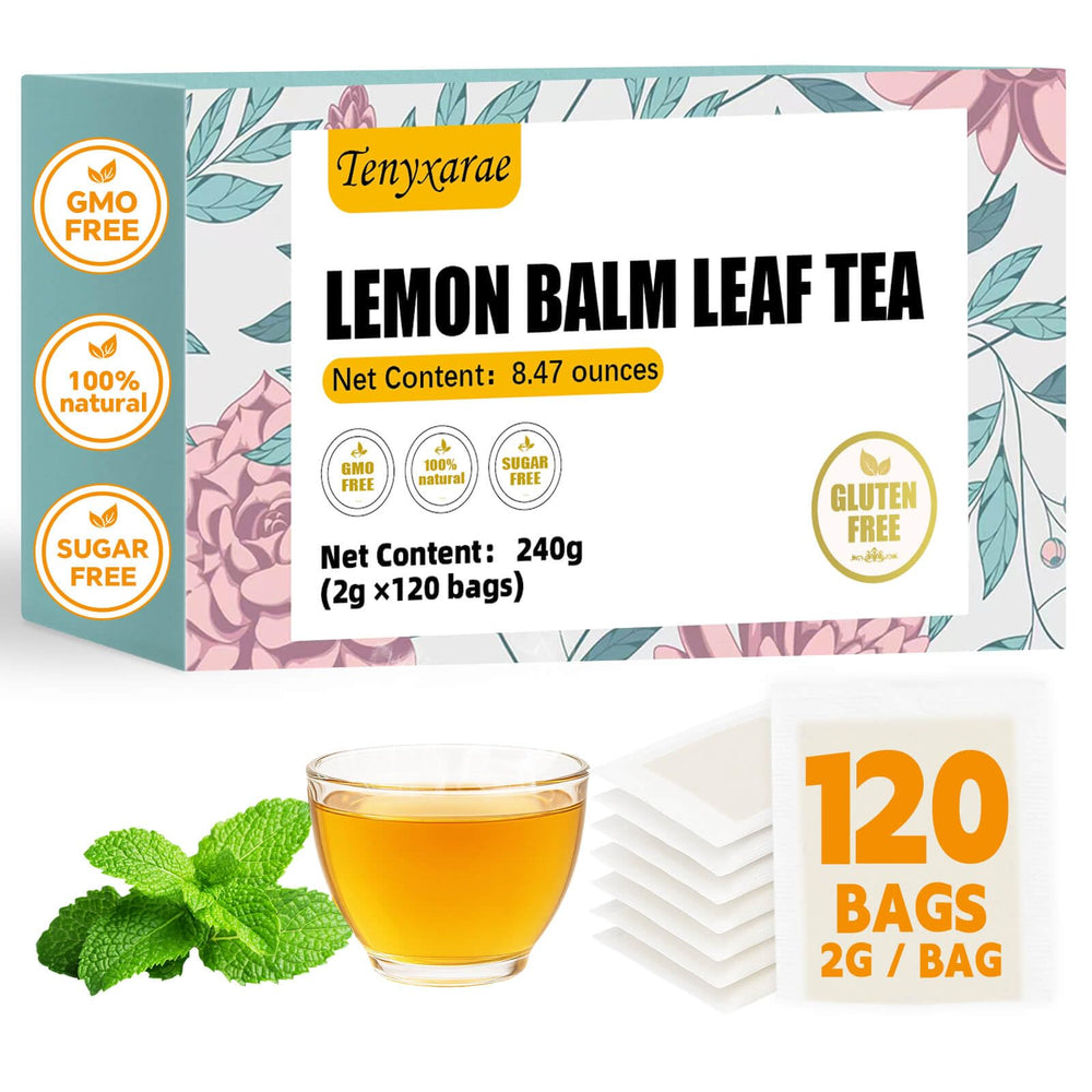 Tenyxarae lemon balm tea bags package shows natural, caffeine-free calm for any moment.