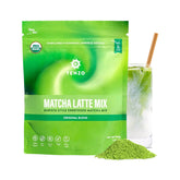 Tenzo Matcha latte powder jar shows cafe-style preparation at home