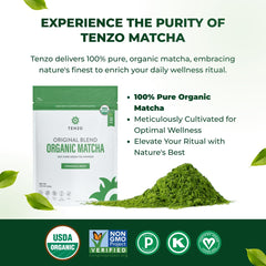 Tenzo Tea matcha latte image with frothy cup ideal for morning energy.