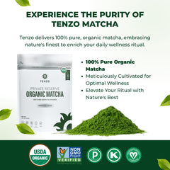 Tenzo USDA Organic matcha leaves shade-grown for clean, sustainable energy.