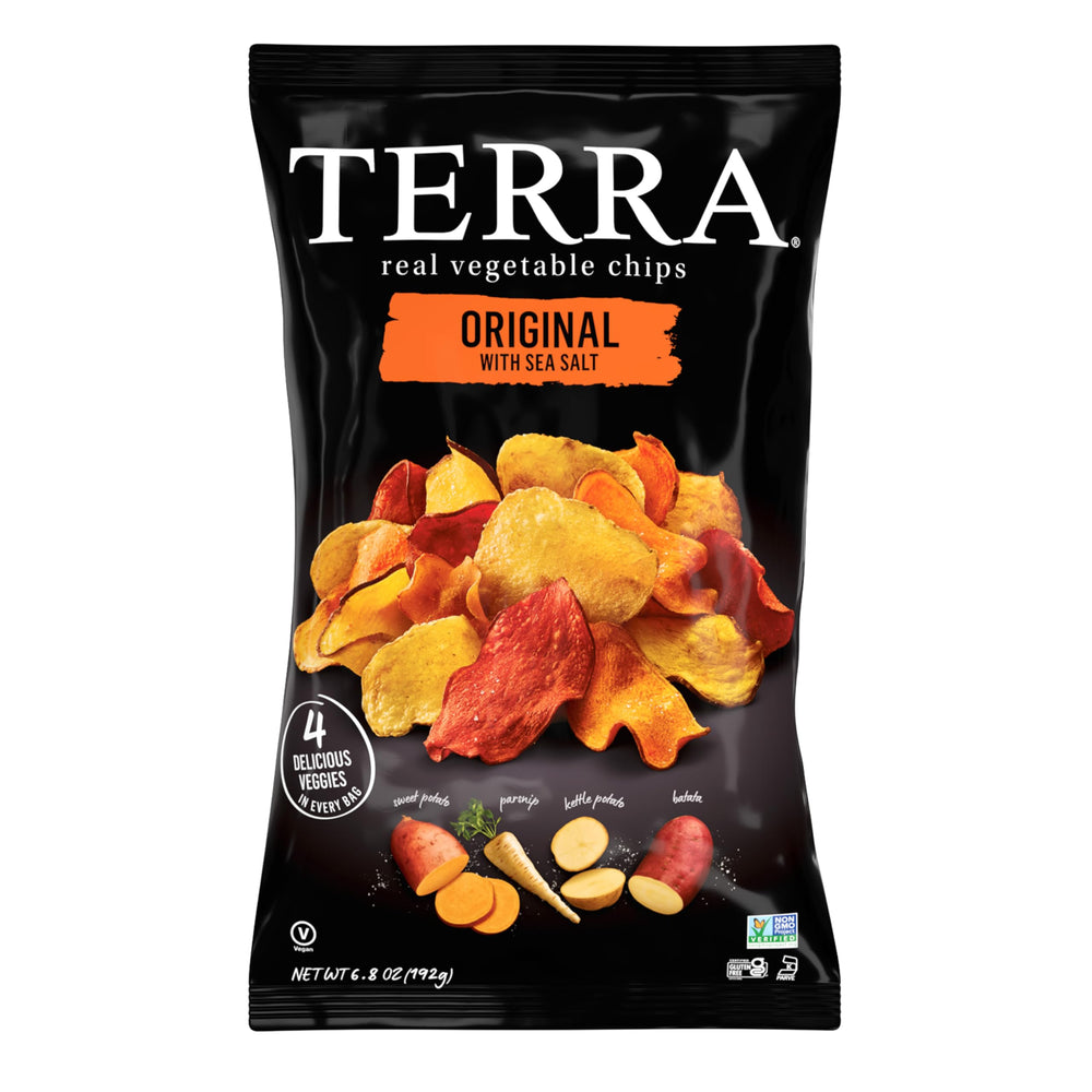 Terra Original Sea Salt vegetable chips in bag offer crisp, plant-based crunch for on-the-go snacking.