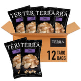 Terra Taro Vegetable Chips sea salt bag on shelf, a gluten-free vegan snack.