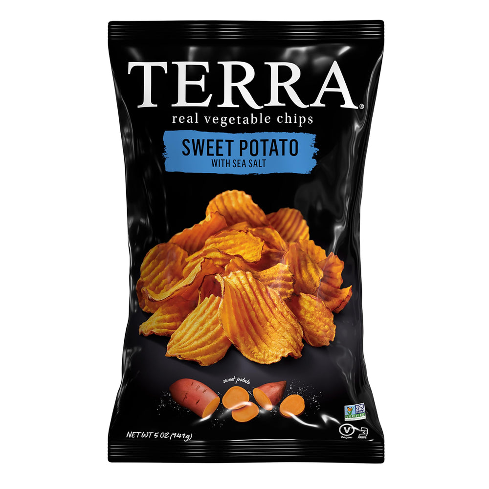 Terra Vegetable Chips crinkle-cut sweet potato sea salt in a 5 oz bag, gluten-free snack.