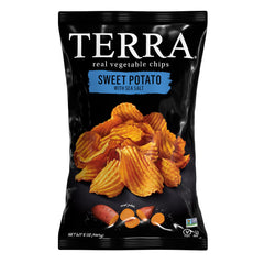 Terra Vegetable Chips crinkle-cut sweet potato sea salt in a 5 oz bag, gluten-free snack.