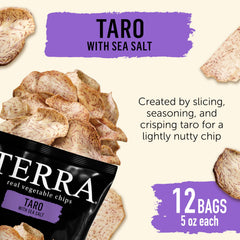 Terra Taro chips gluten-free vegan label emphasizes clean plant based ingredients.