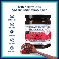 Terrapin Ridge hot pepper bacon jam drizzled over grilled steak for savory glaze.
