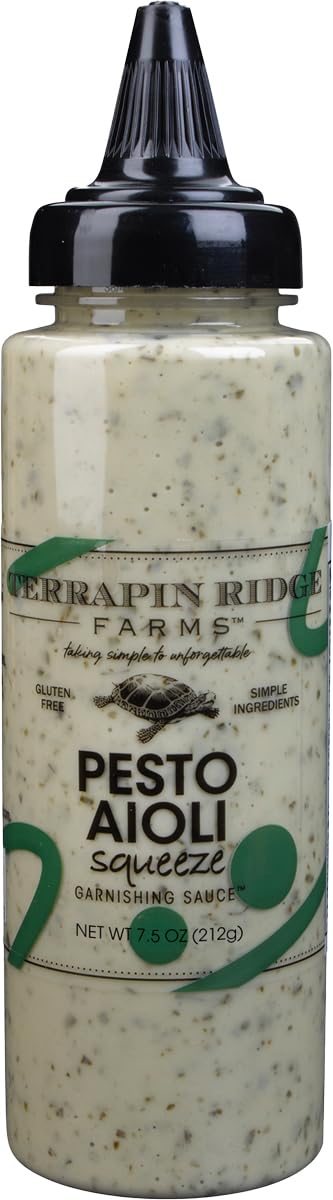 Terrapin Ridge Farms Pesto Aioli bottle close-up highlighting bold basil flavor for dips.