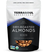 Terrasoul almonds in a resealable pouch show dry-roasted, lightly salted texture for snacking.