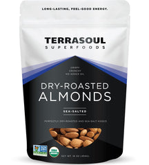 Terrasoul almonds in a resealable pouch show dry-roasted, lightly salted texture for snacking.