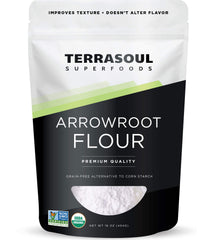 Terrasoul Arrowroot Flour packaging shown, convenient resealable bag for pantry storage.