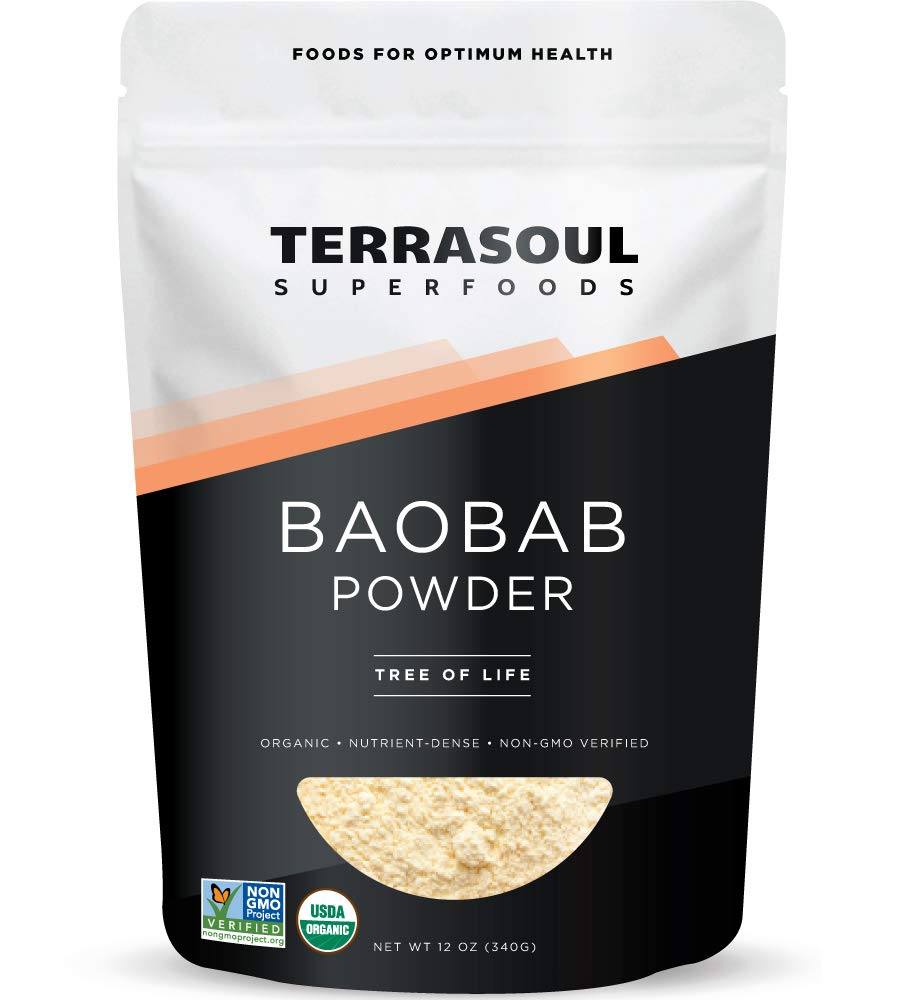 Terrasoul Baobab powder bottle adds citrusy flavor to smoothies.