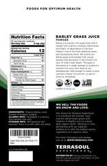 Terrasoul Barley Grass Juice Powder closeup showing vibrant, nutrient-rich powder