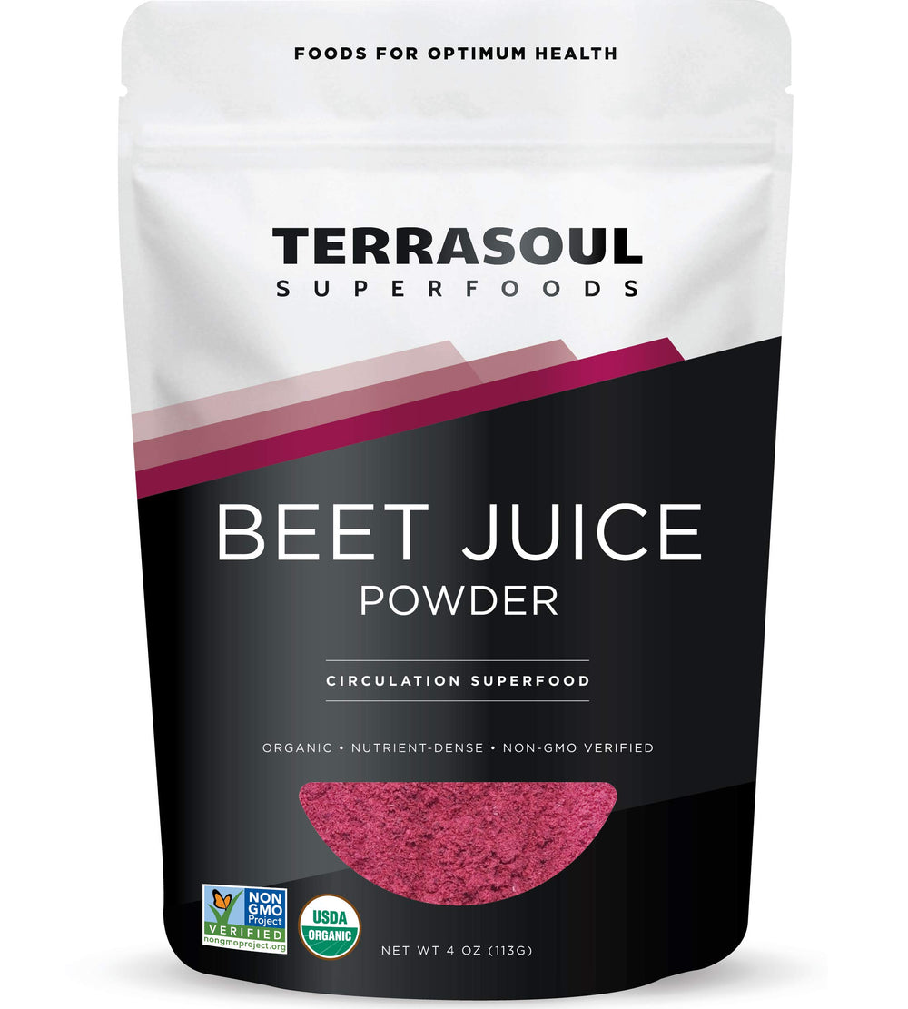 Terrasoul Beet Juice Powder pouch showing concentrated crystals for smoothie boosts.