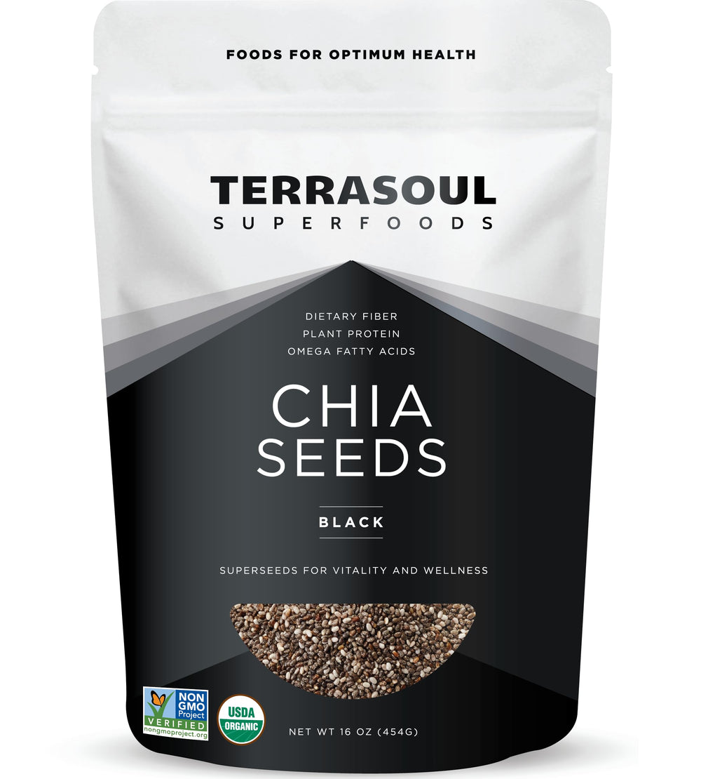 Terrasoul black chia seeds 16oz front label, versatile pantry staple.