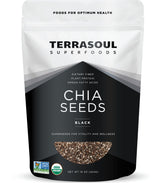 Terrasoul black chia seeds 16oz front label, versatile pantry staple.