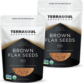 Terrasoul brown flax seeds in a 2 lb pouch for baking and smoothies.