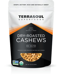 Terrasoul cashews in a dry-roasted, resealable pouch for easy snacking.