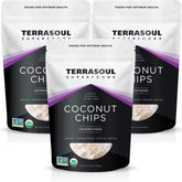 Terrasoul coconut chips 3-pack packaging for convenient organic snacking.