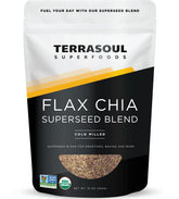 Terrasoul Flax Chia Blend bottle ready to pour for easy daily nutrition.