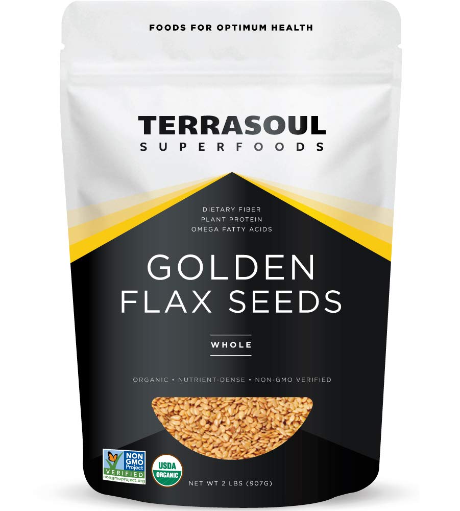 Terrasoul Golden Flax Seeds front label shows organic, raw quality for everyday nutrition