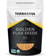 Terrasoul Golden Flax Seeds front label shows organic, raw quality for everyday nutrition