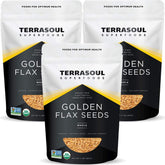 Terrasoul Golden Flax Seeds pack showing three 32-ounce pouches and fresh, nutty aroma.