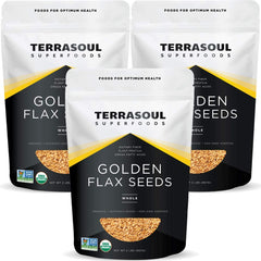 Terrasoul Golden Flax Seeds pack showing three 32-ounce pouches and fresh, nutty aroma.