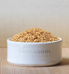 Terrasoul Golden Flax Seeds spoon on bowl, versatile use in recipes