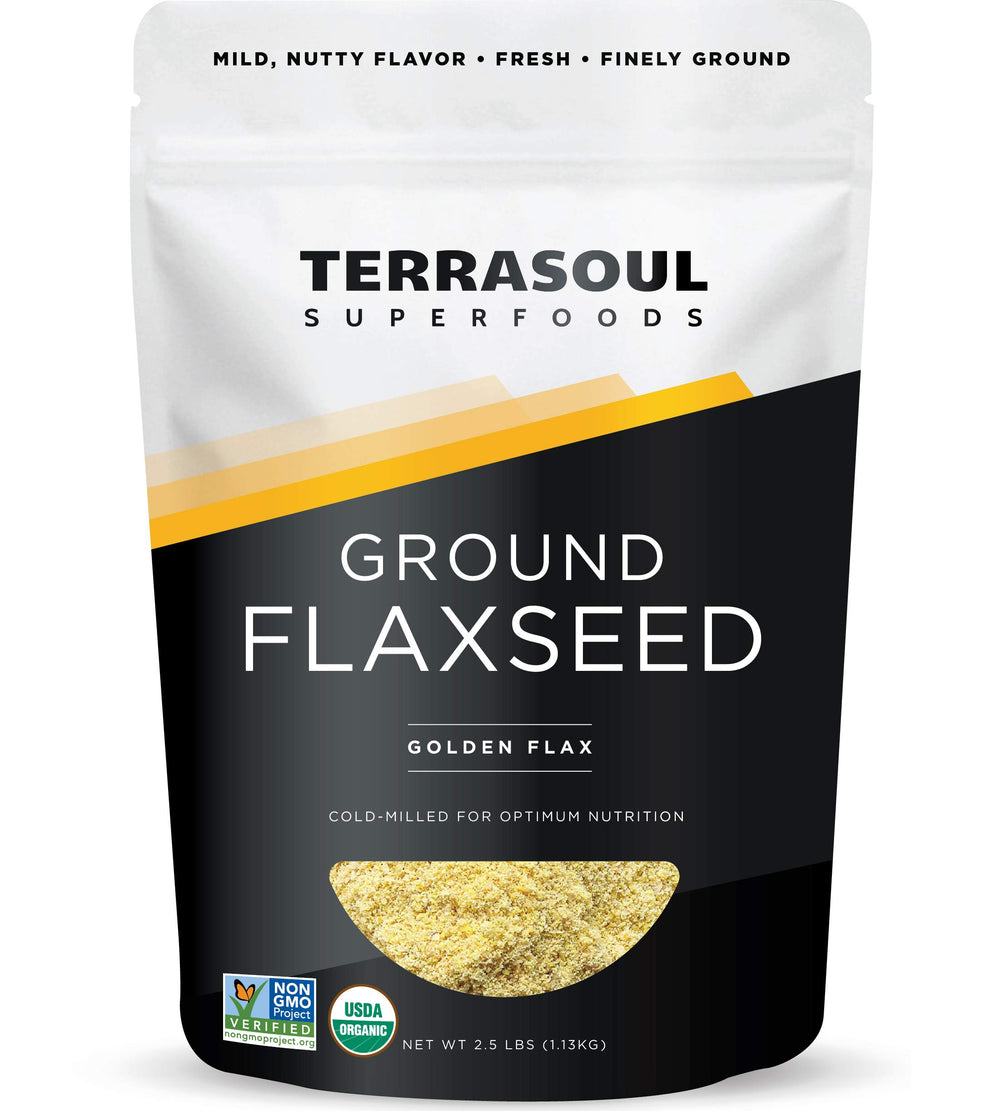 Terrasoul Organic Ground Flax Seeds pouch, ideal for fiber-rich baking.