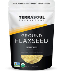 Terrasoul Organic Ground Flax Seeds pouch, ideal for fiber-rich baking.