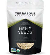 Terrasoul hemp seeds 16oz bag close-up showing organic, protein-packed nutrition.