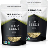 Terrasoul hemp seeds 2lb pack in resealable pouch, protein-rich and omega fats.