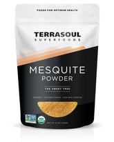 Terrasoul Mesquite Powder jar showing raw organic powder ideal for baking and smoothies