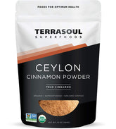 Terrasoul Organic Ceylon Cinnamon Powder in a glass jar for easy kitchen use.