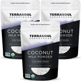 Terrasoul Organic Coconut Milk Powder 3lb pack beside coffee setup.