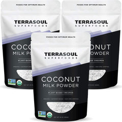 Terrasoul Organic Coconut Milk Powder 3lb pack beside coffee setup.