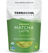 Terrasoul Organic Matcha Latte bottle pour highlights premium flavor and quick latte prep.
