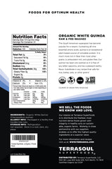 Terrasoul organic quinoa bag label highlighting organic and gluten-free attributes.