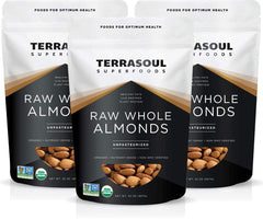 Terrasoul Organic Raw Almonds 6lbs case bag with resealable packaging for freshness.