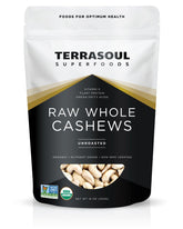 Terrasoul Organic Raw Cashews 16oz pouch ready for snacking and culinary use.