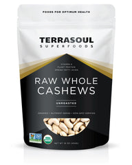Terrasoul Organic Raw Cashews 16oz pouch ready for snacking and culinary use.