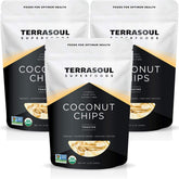 Terrasoul Organic Toasted Coconut Chips pack view, convenient unsweetened snack.