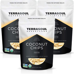 Terrasoul Organic Toasted Coconut Chips pack view, convenient unsweetened snack.