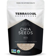 Terrasoul Superfoods Organic White Chia Seeds 16oz pack closeup with omega fats and fiber.